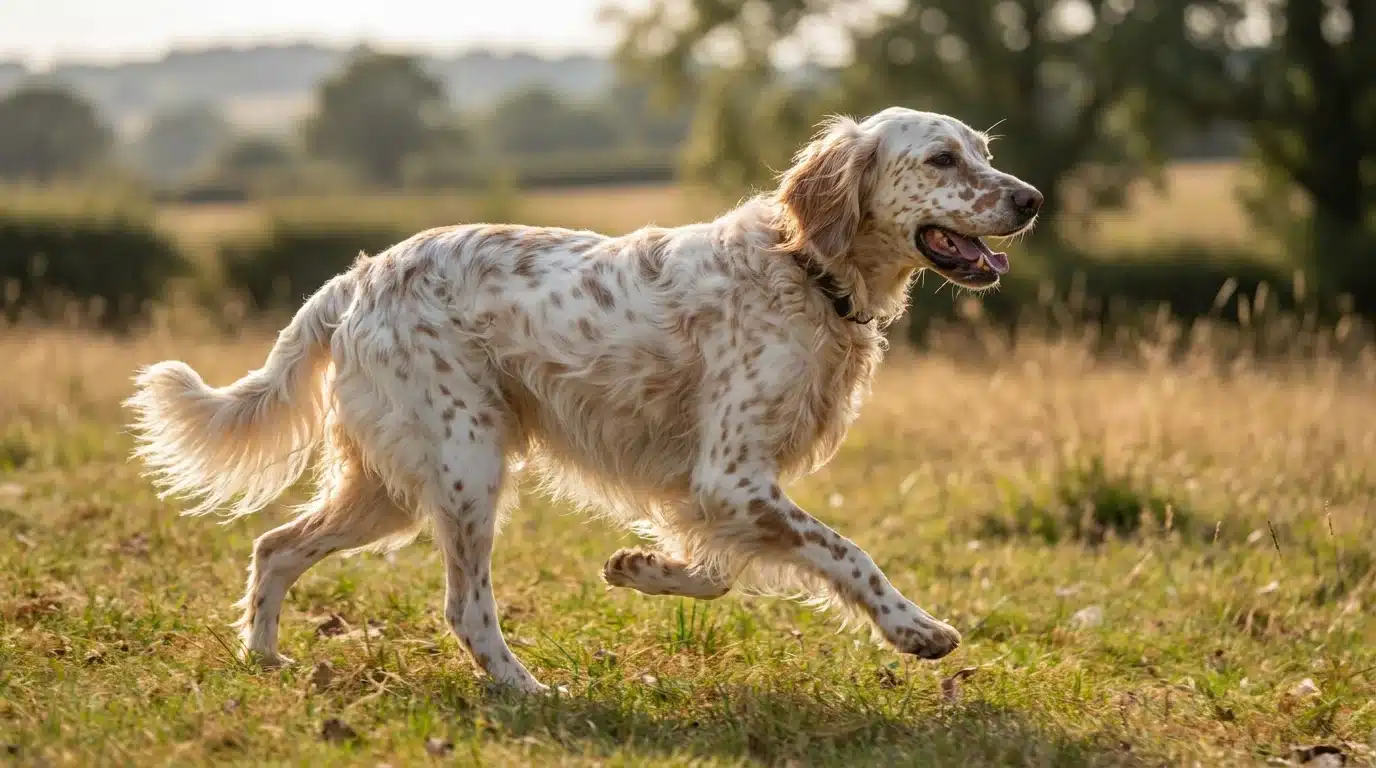 english setter running outdoors showing feathered coat sporting body and long legs