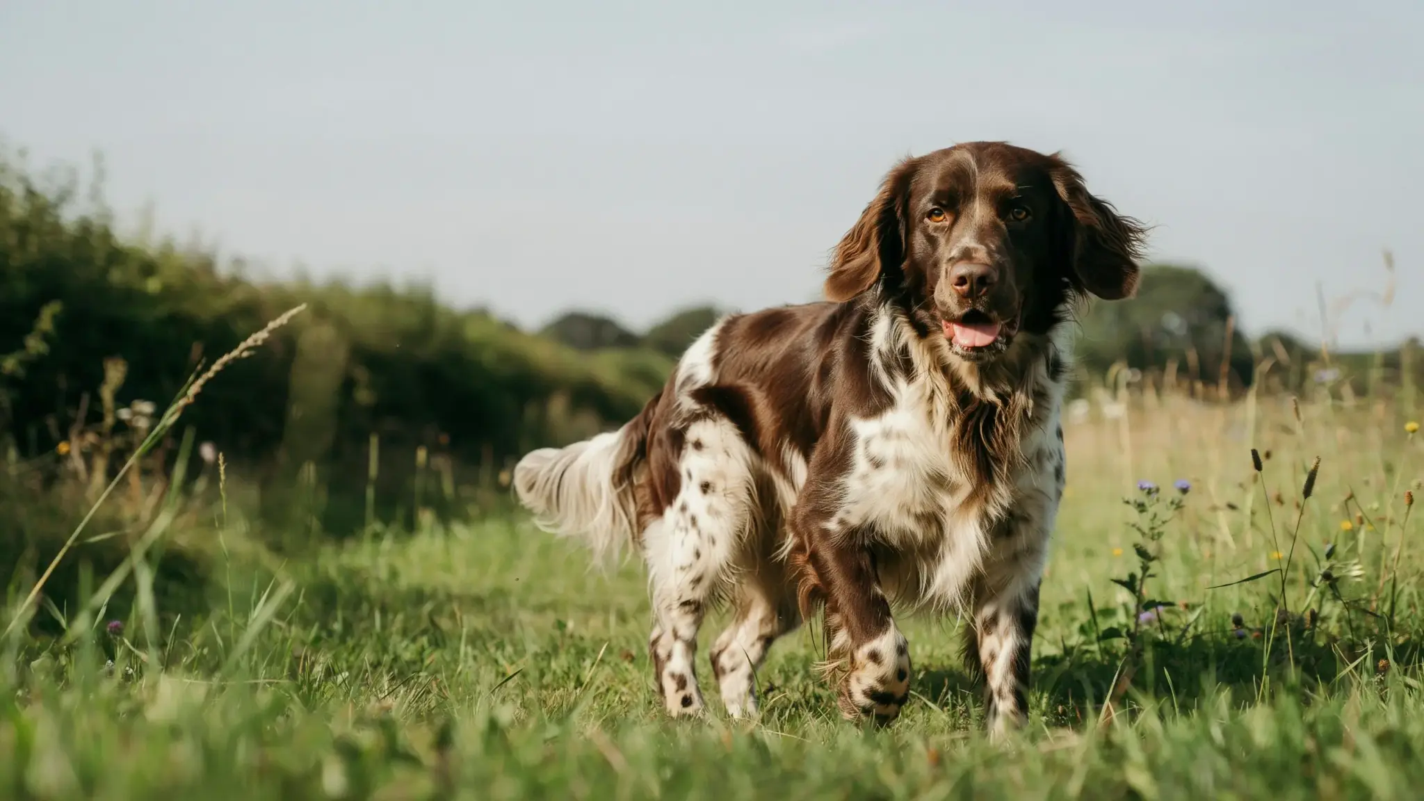 english springer spaniel dog standing in a grassy field showing its feathered coat and active pose