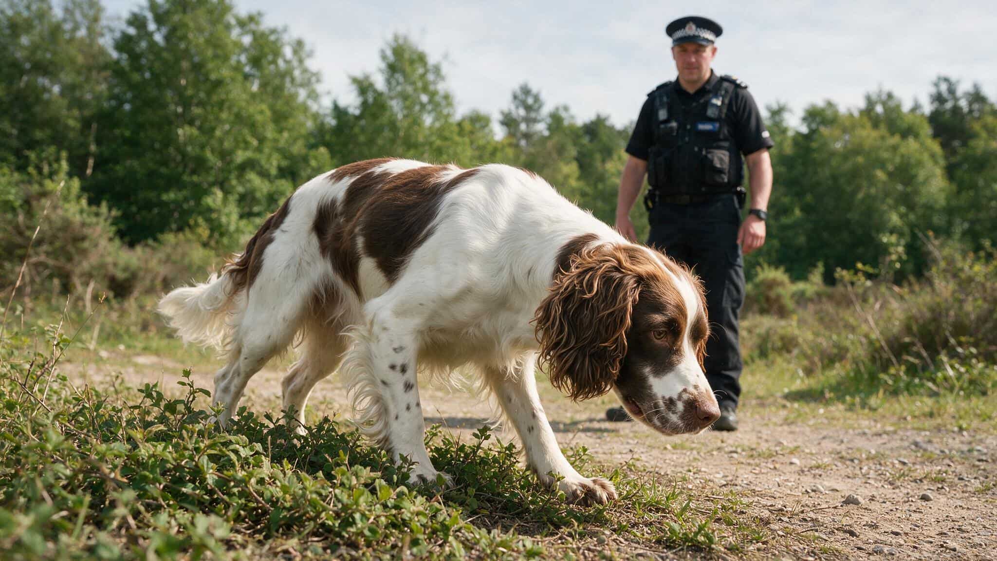 english springer spaniel police detection dog searching during training with handler outdoors