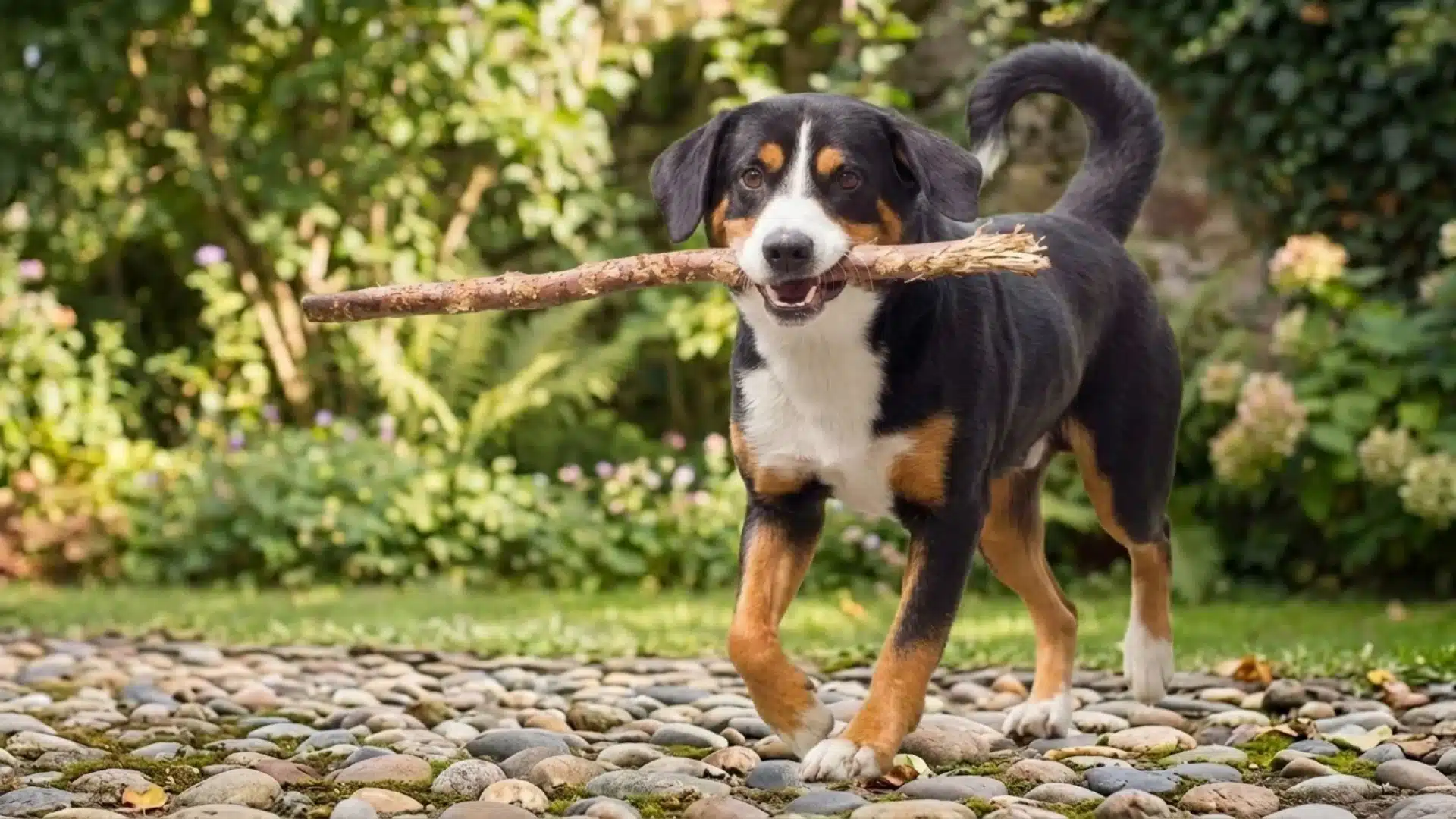 entlebucher mountain dog carrying a stick in garden with green background and playful expression