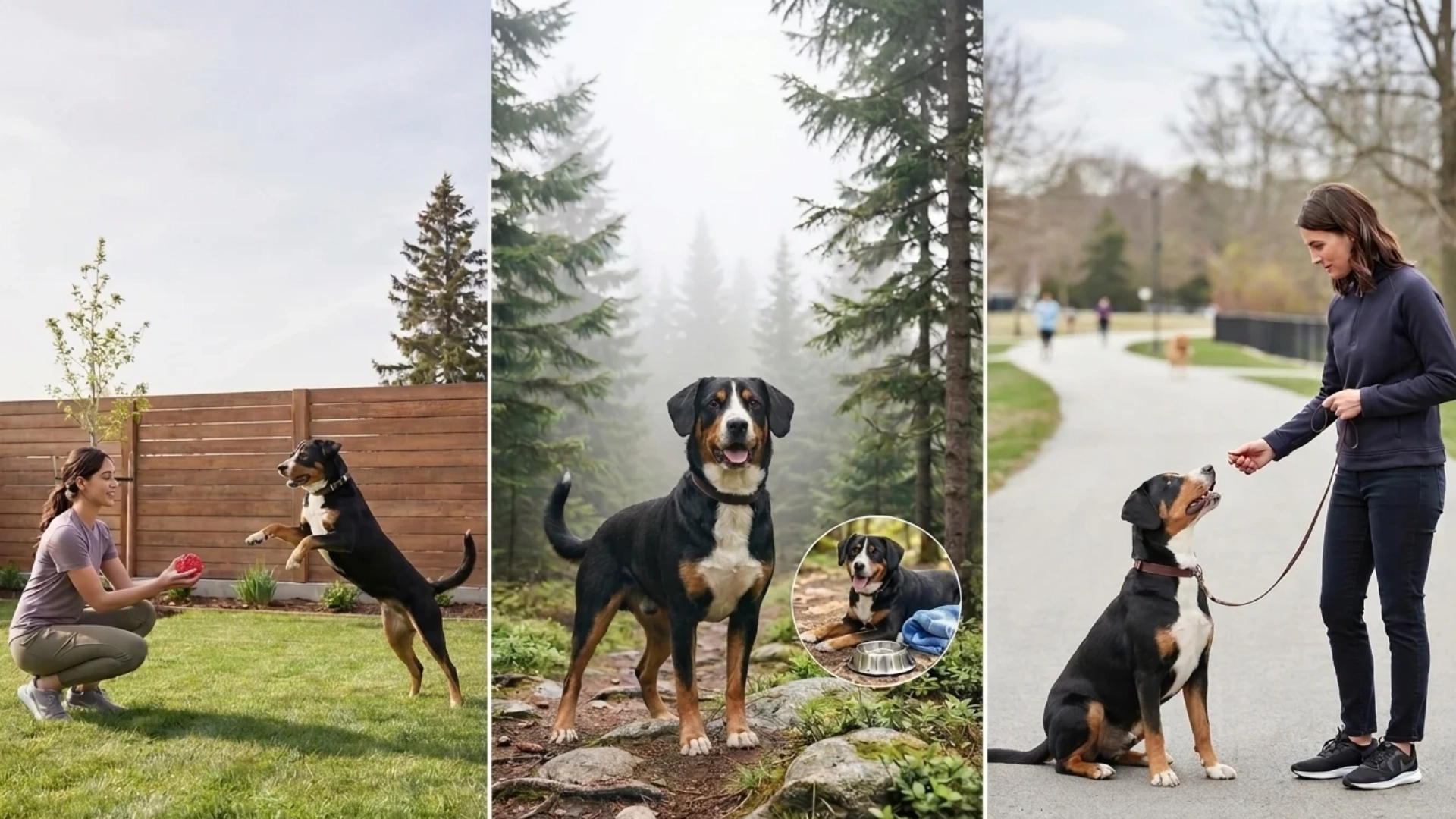 entlebucher mountain dog in yard forest and walking scenes showing suitable home lifestyle settings
