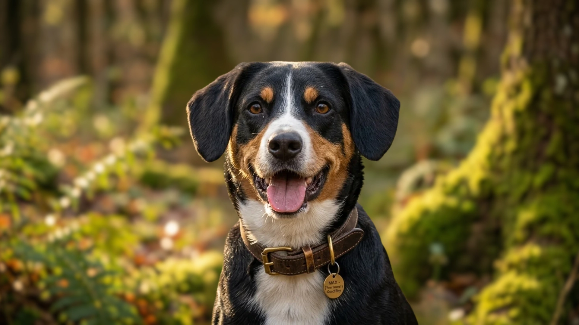 entlebucher mountain dog sitting in forest with happy expression and blurred greenery background