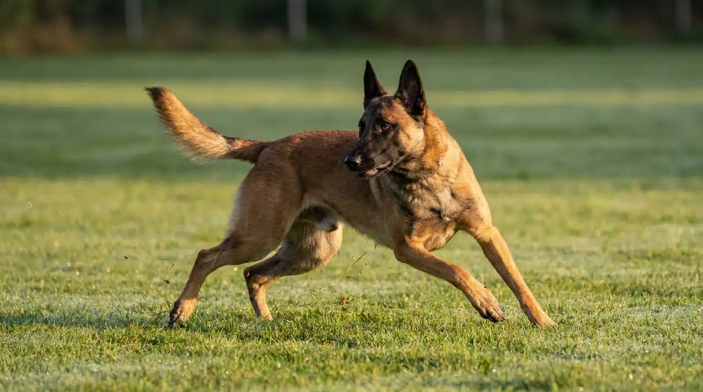 fawn belgian malinois making a rapid controlled turn across a secure green training field (1)