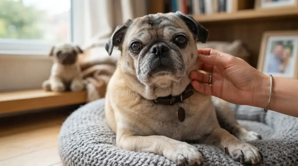 fawn pug sitting at home showing healthy aging care and different stages of its long life