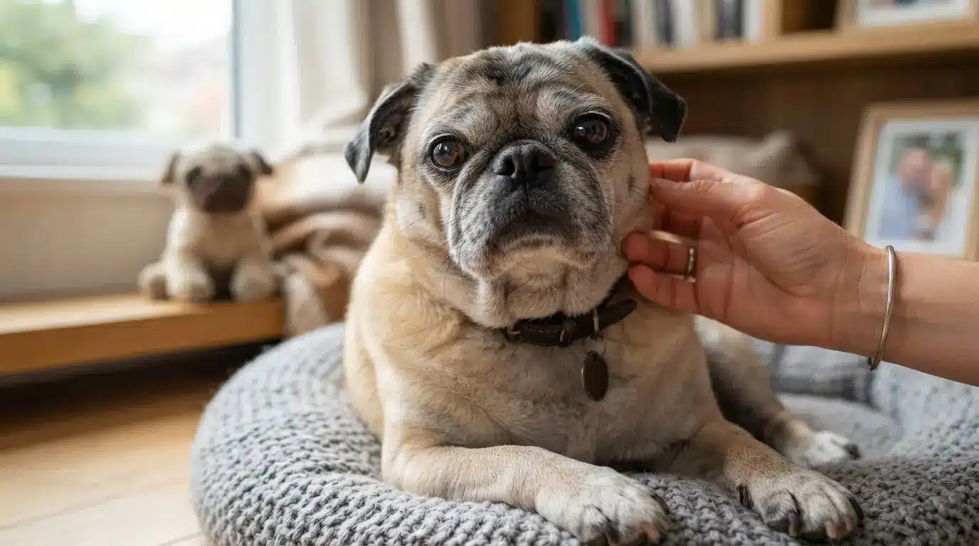 fawn pug sitting at home showing healthy aging care and different stages of its long life