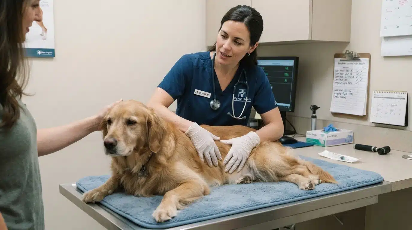 female dog being examined by a veterinarian in a vet hospital