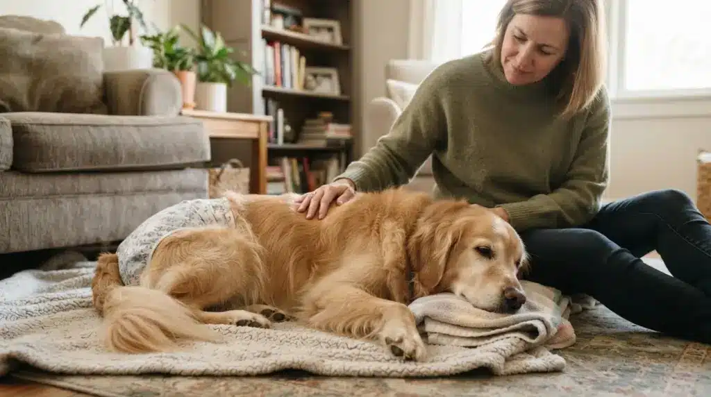 female-dog-resting-in-a-diaper-beside-her-affectionate-owner