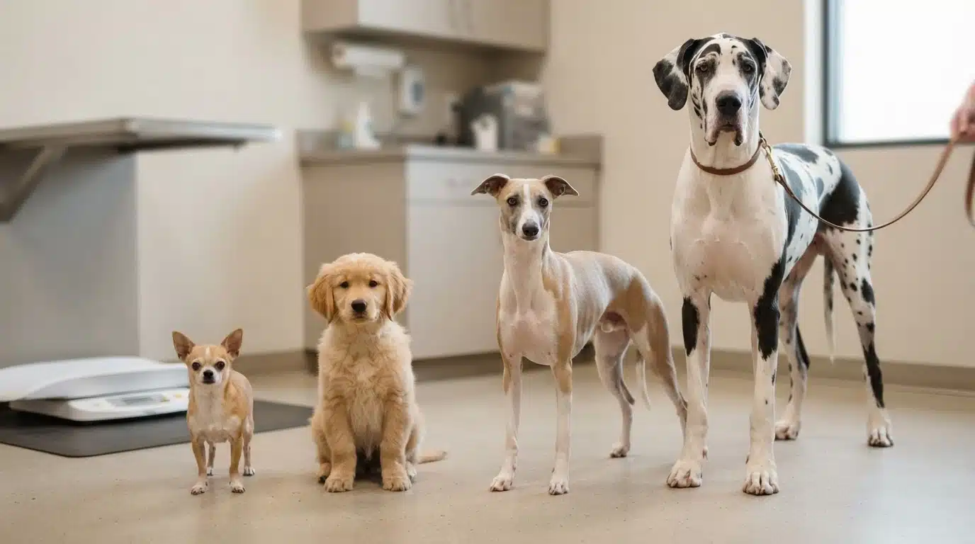 female dogs of different sizes and ages showing variation in heat timing