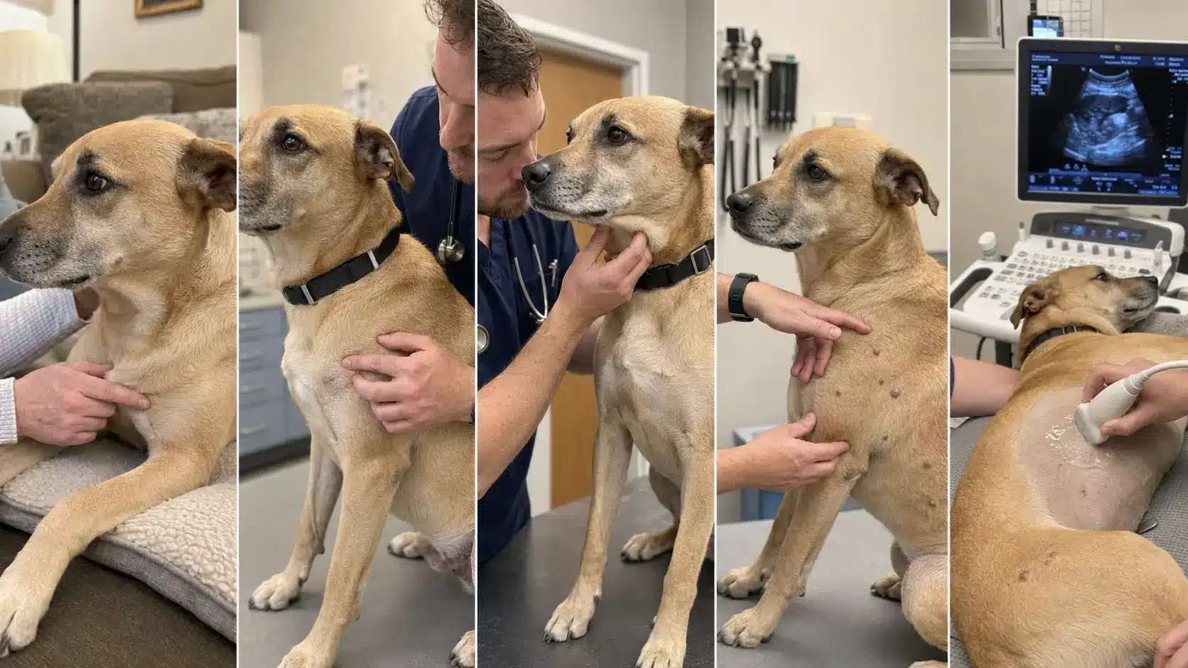 five panel collage showing a dog with a healed scar skin tumors lymph node examination and abdominal ultrasound