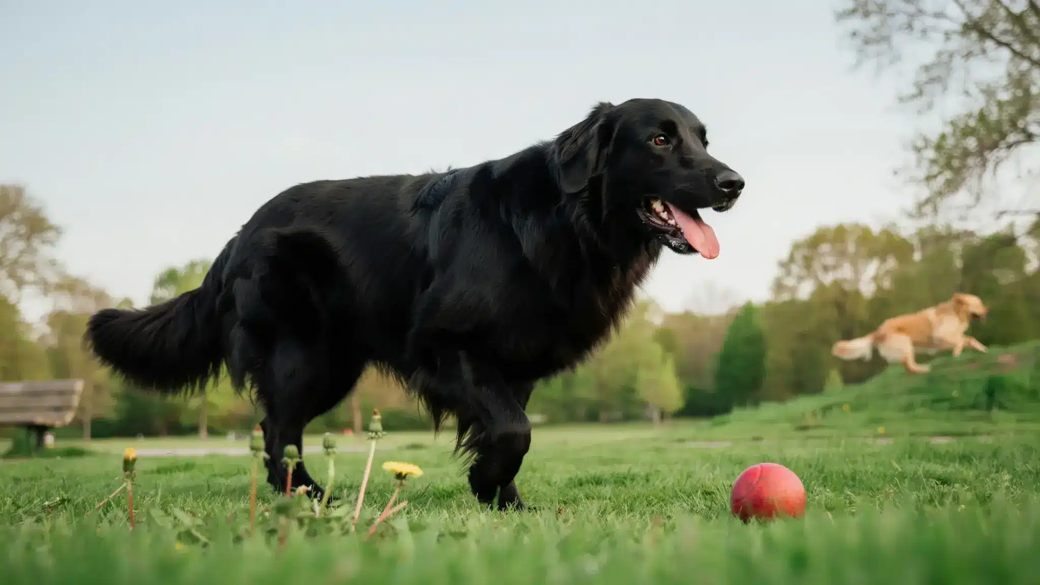 flat coated retriever dog running on grass showing its black coat and active sporting dog appearance