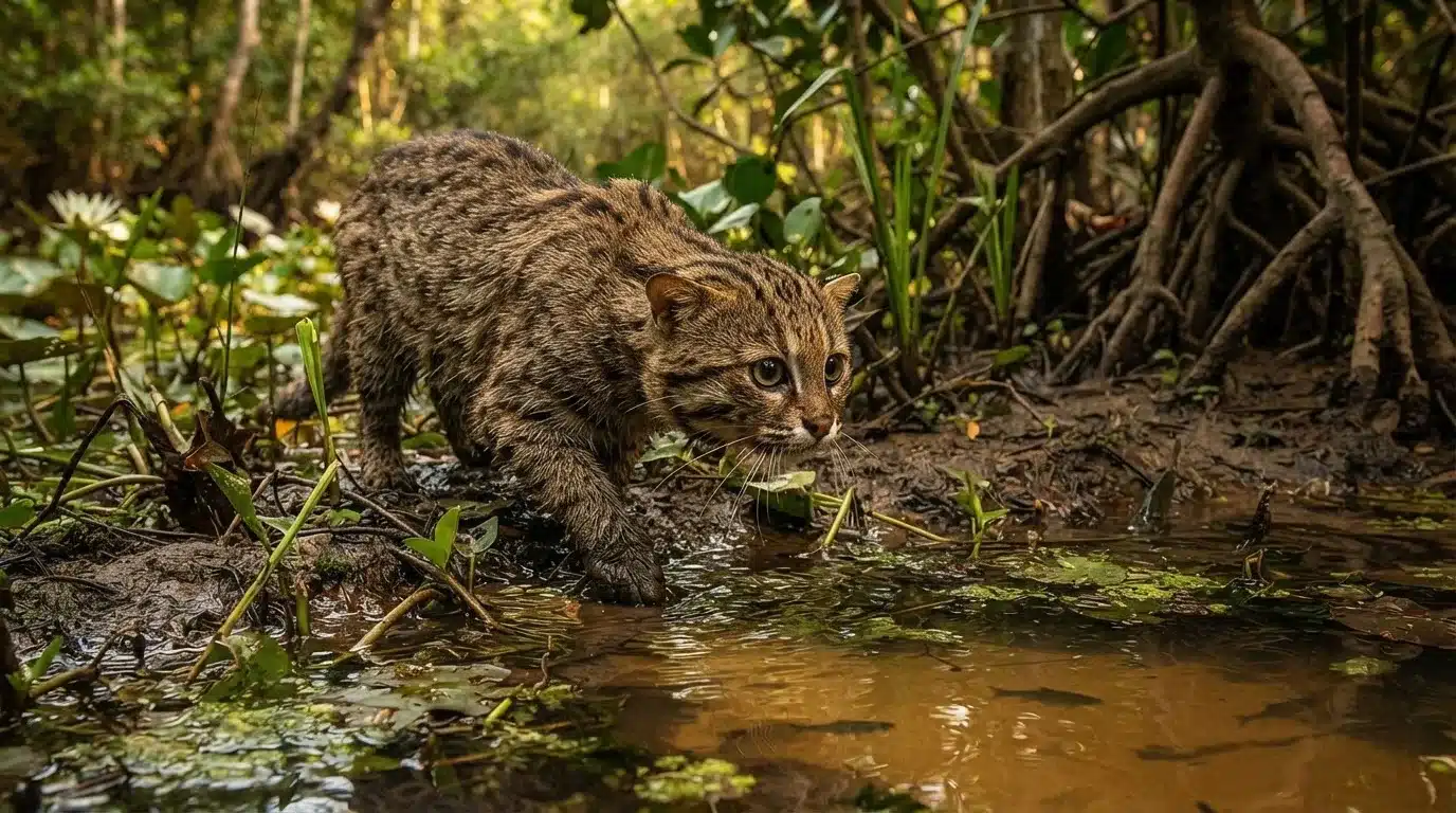 flat headed cat near southeast asian wetland with realistic natural habitat