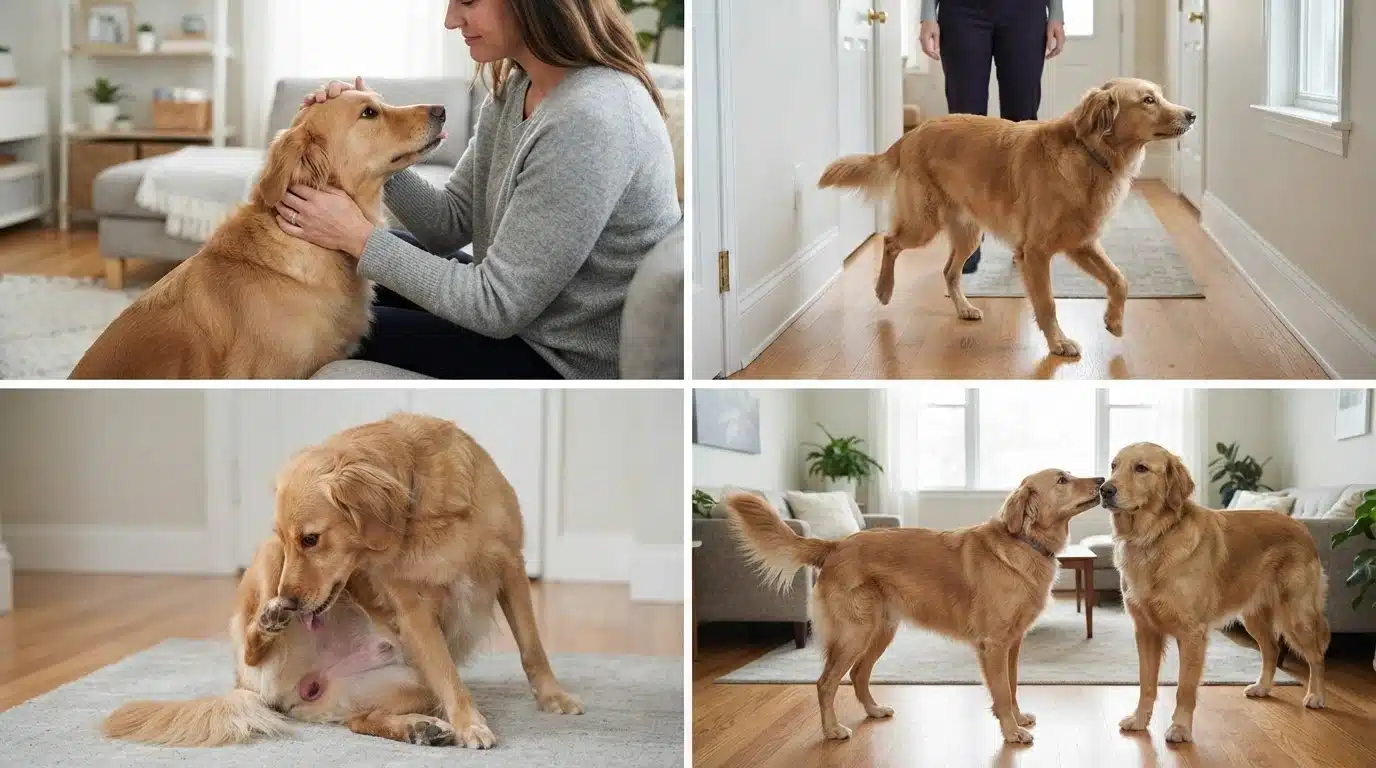 four panel image showing behavior changes in a female dog during heat