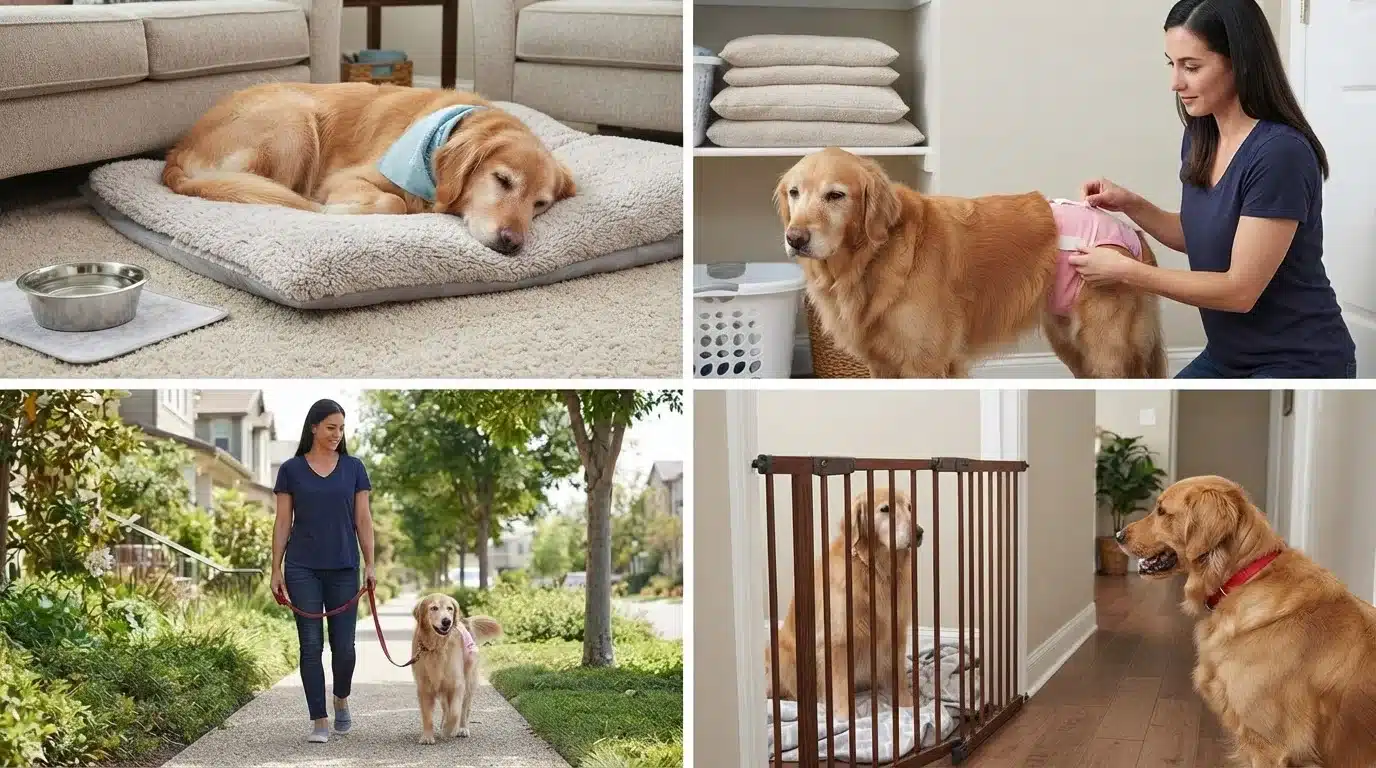 four panels showing comfort hygiene leash safety and separation for a dog in heat