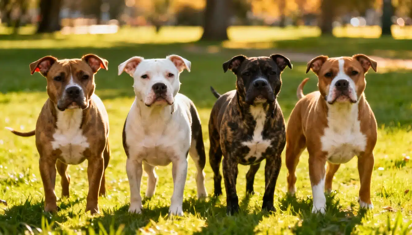four pitbull breeds standing together outdoors showing differences in height muscular build and body shape