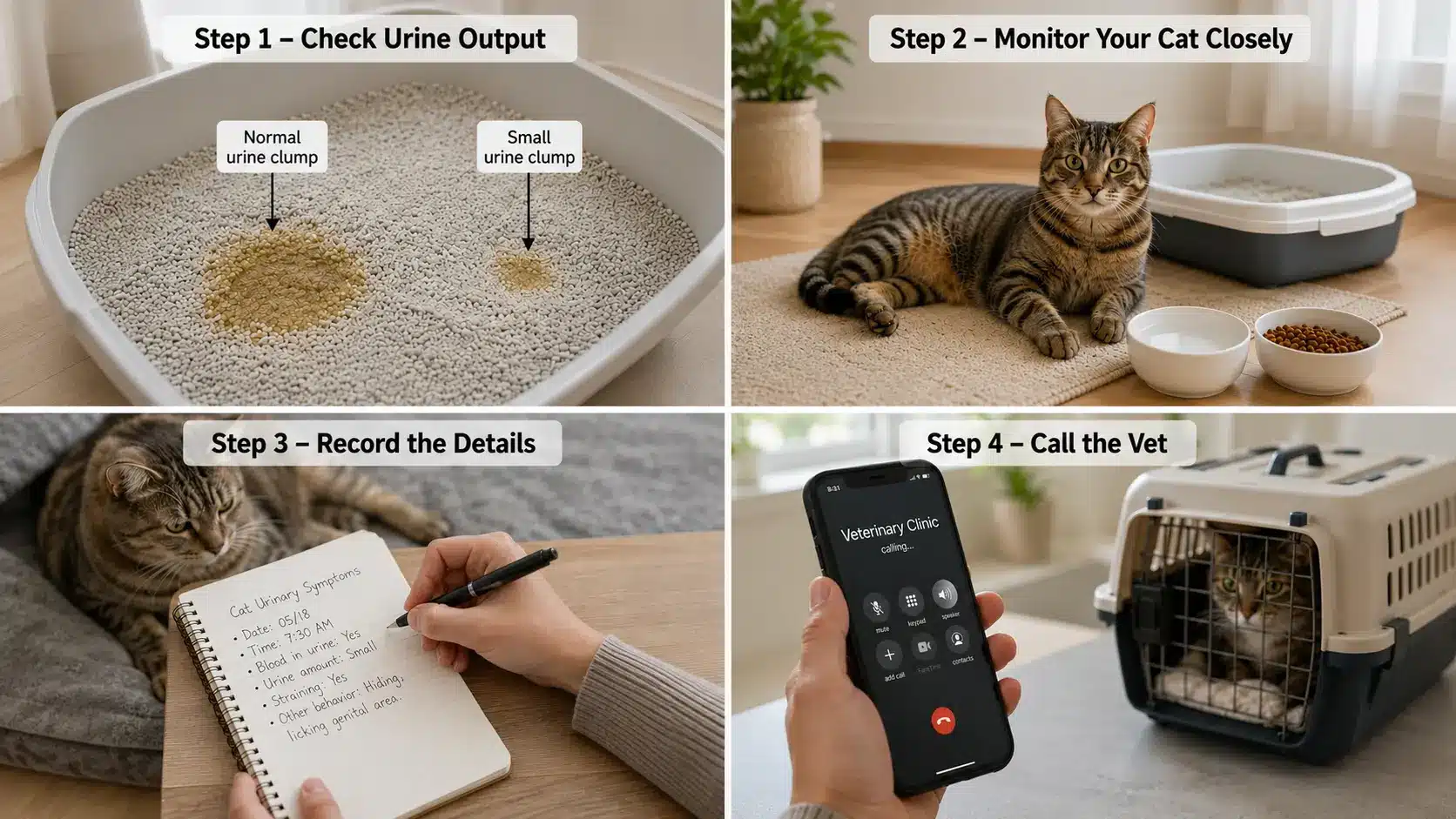 four-step guide showing cat urine output check, symptom monitoring, recording details, and contacting a veterinarian