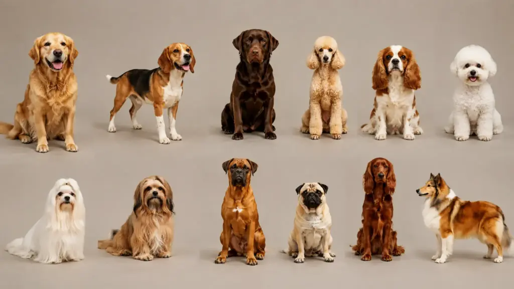 friendliest dog breeds sitting in uniformity including golden retriever, beagle, poodle, pug, and companion dogs