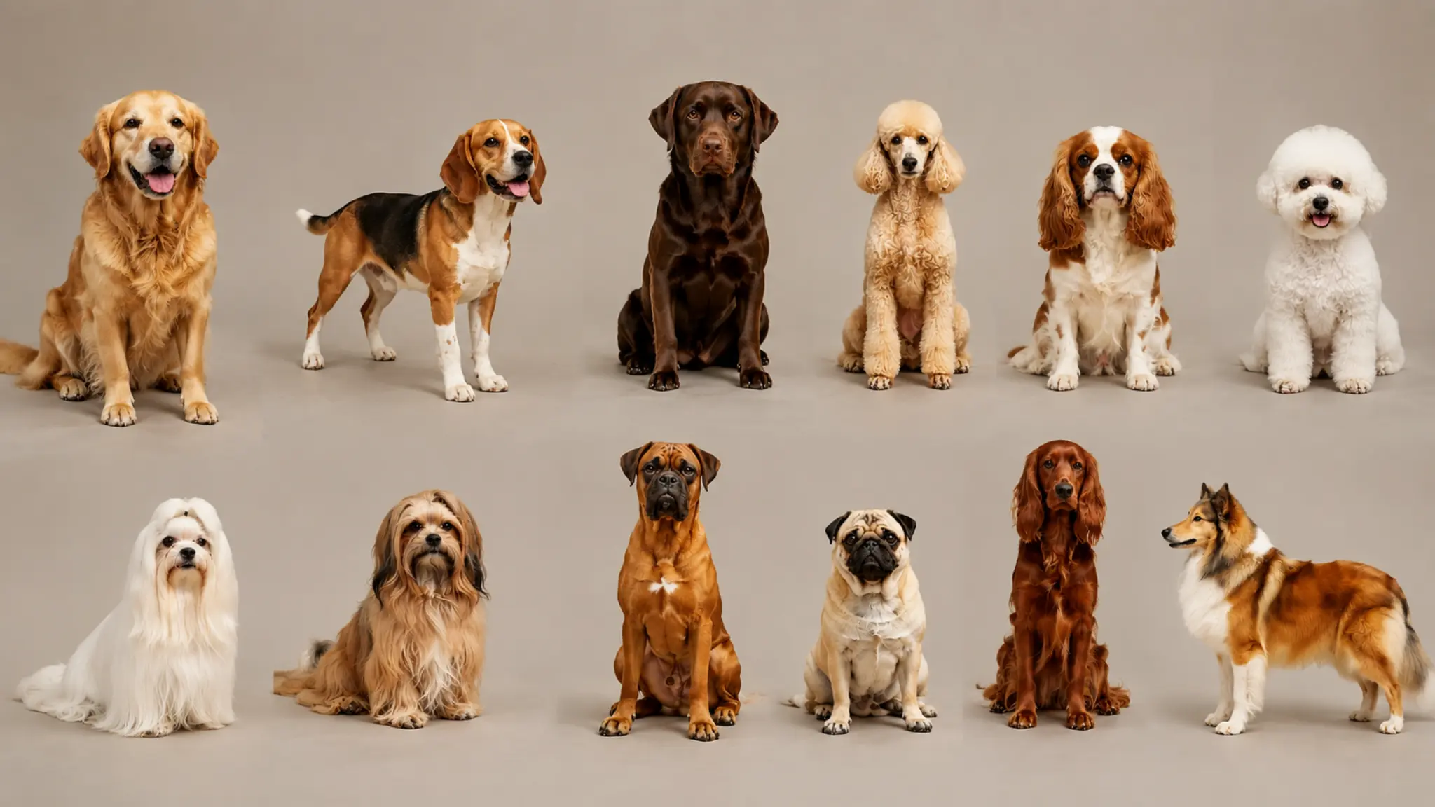 friendliest dog breeds sitting in uniformity including golden retriever, beagle, poodle, pug, and companion dogs