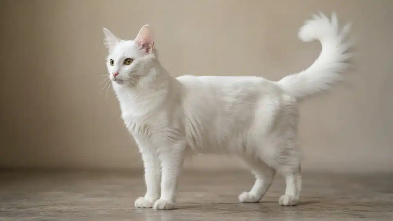 full body turkish angora showing a slender frame silky coat upright ears and plumed tail
