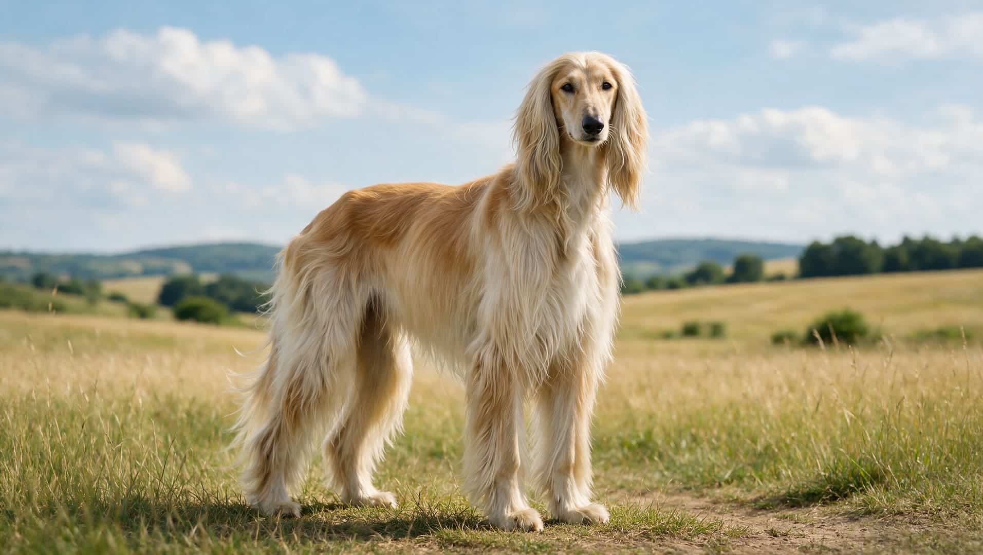 full grown Afghan Hound with long silky coat standing outdoors