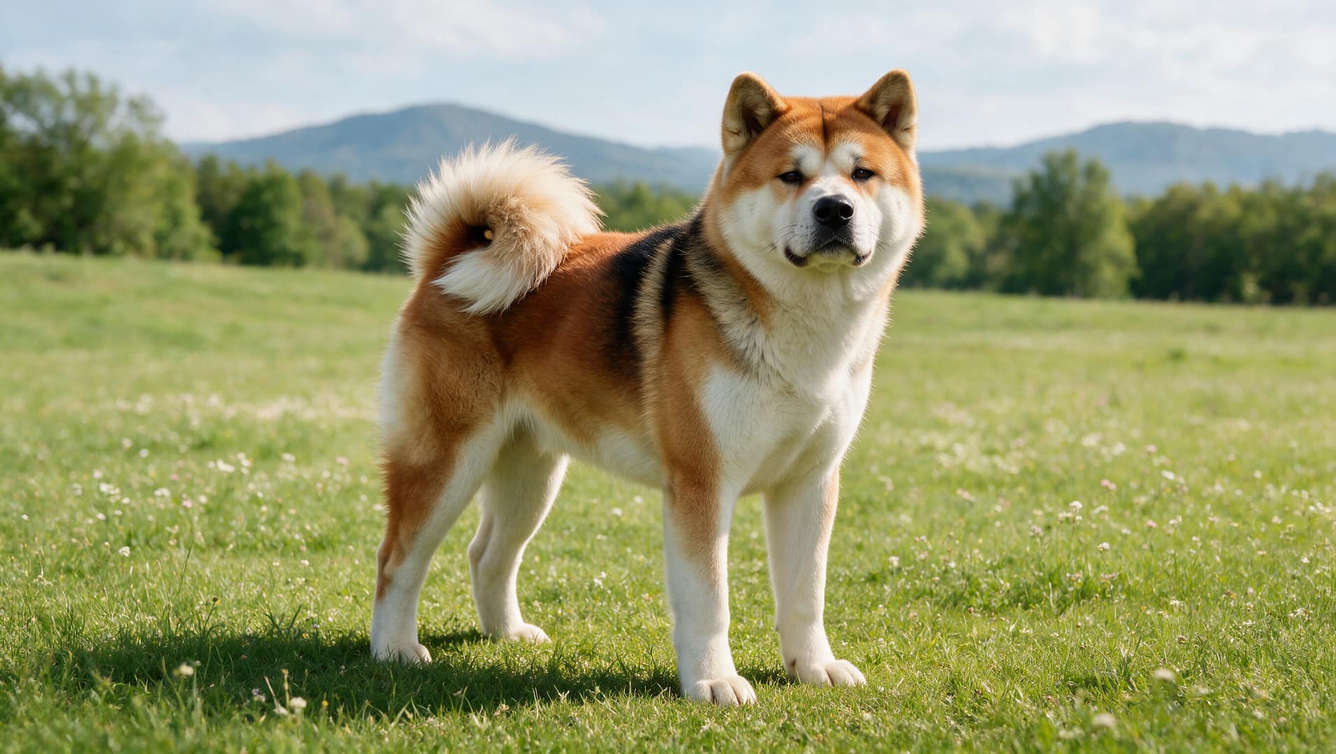 full grown Akita dog with thick coat and curled tail outdoors