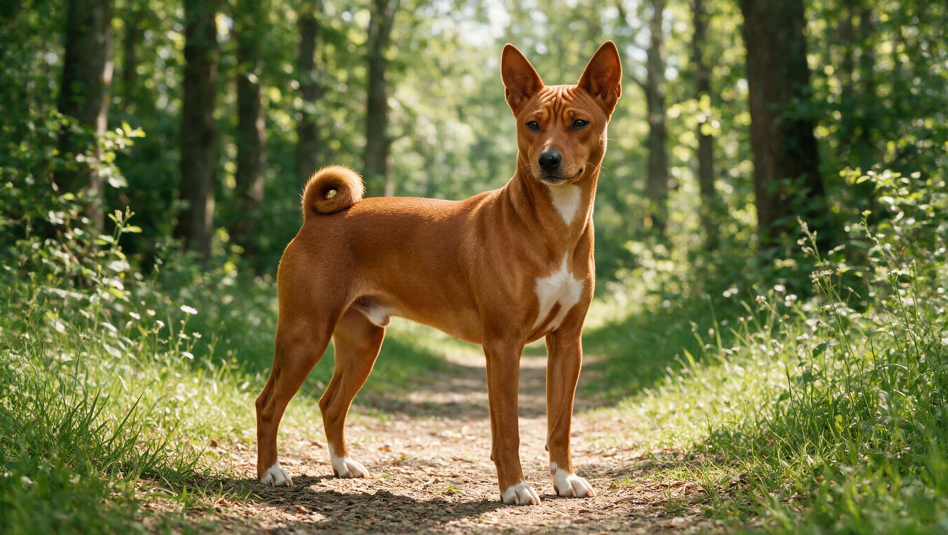 full grown Basenji dog with curled tail and pointed ears standing outdoors