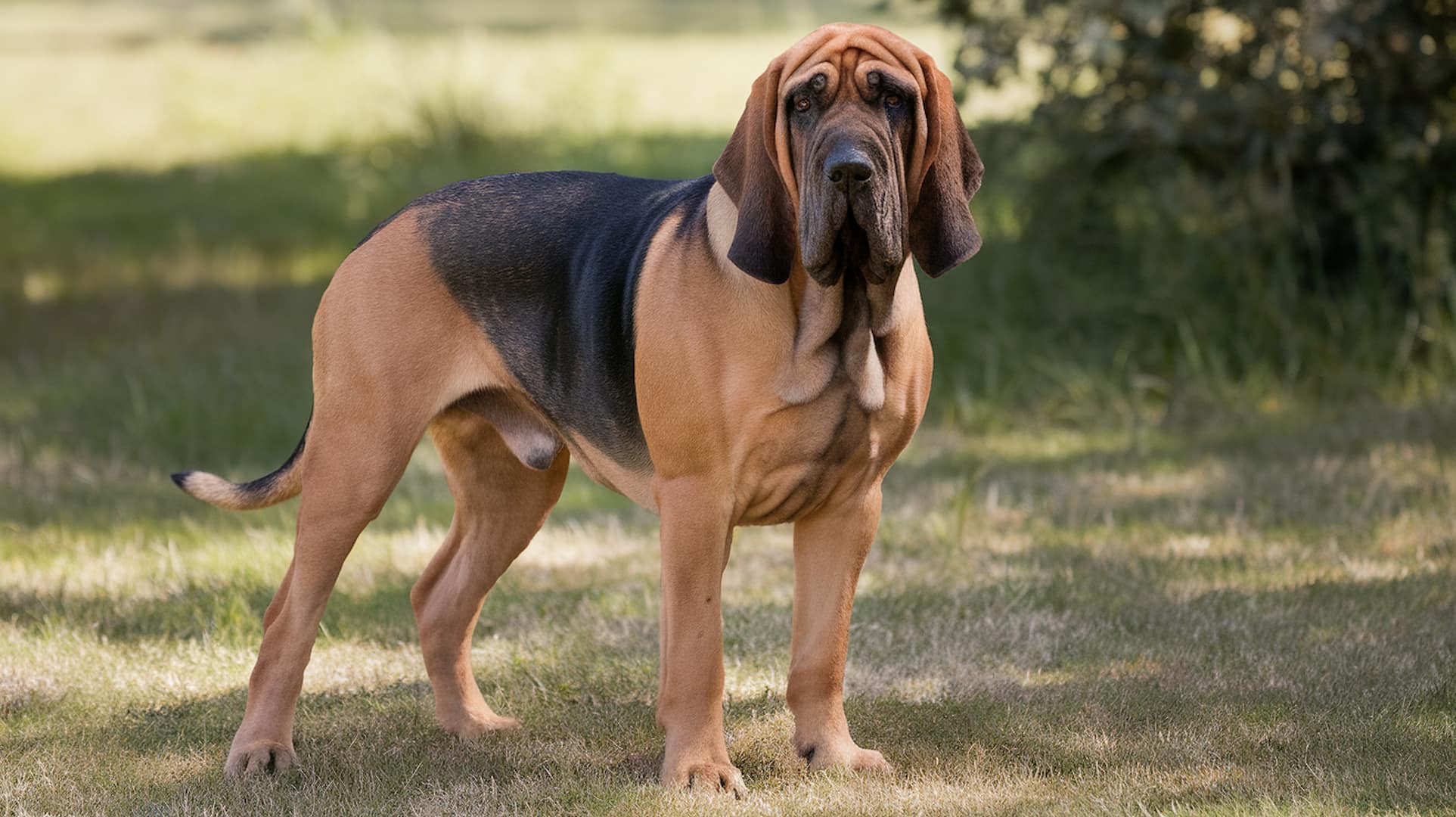 full grown bloodhound dog with long ears and wrinkled face standing outdoors