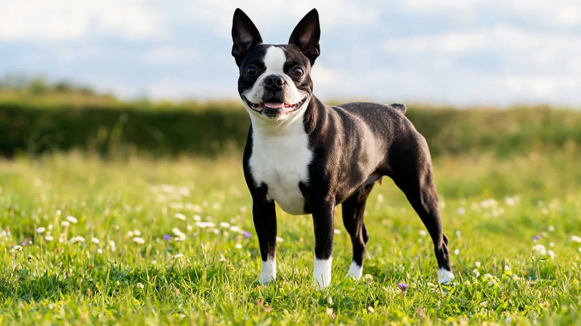 full grown Boston Terrier with black white coat outdoors
