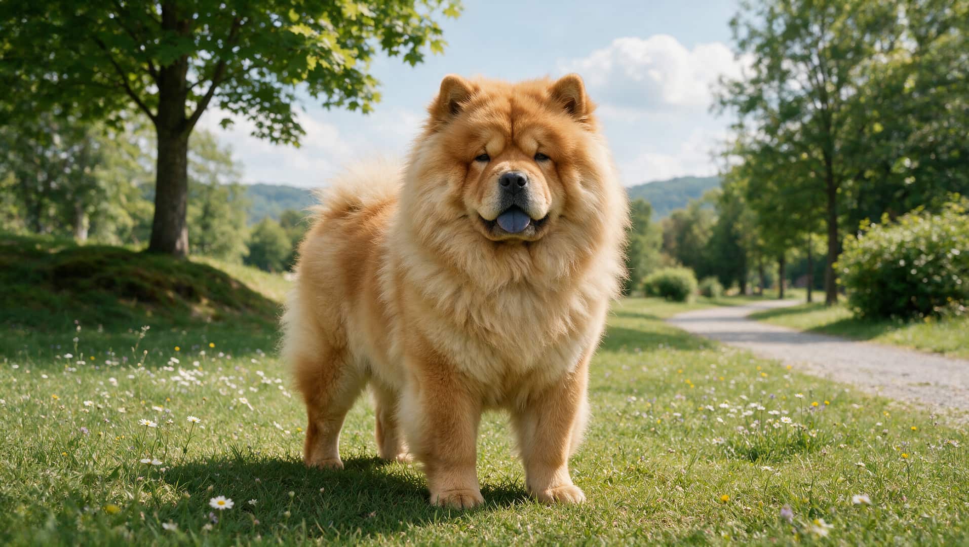 full grown chow chow dog with fluffy coat and lion like mane standing outdoors