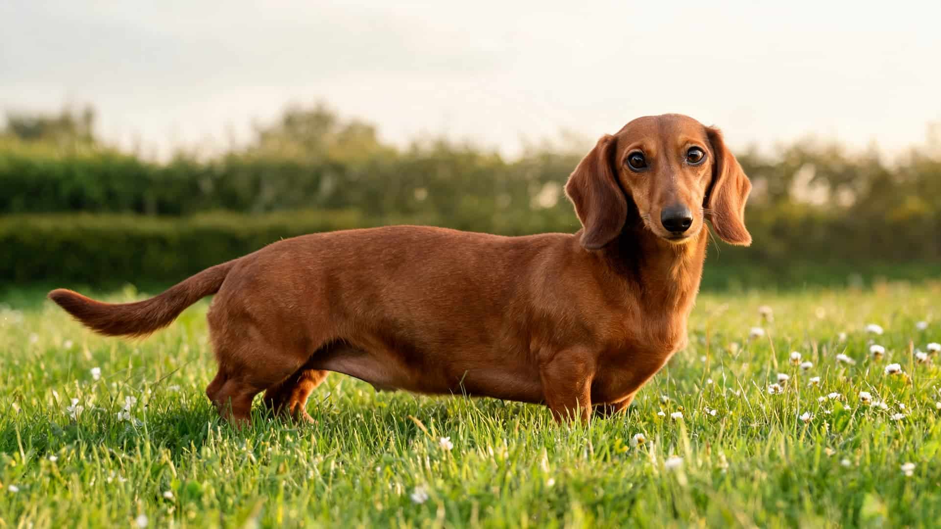 full grown Dachshund dog with long body and short legs outdoors