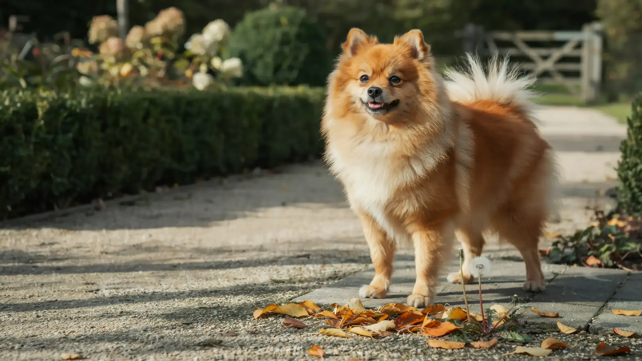 full grown pomeranian dog with fluffy coat and curled tai