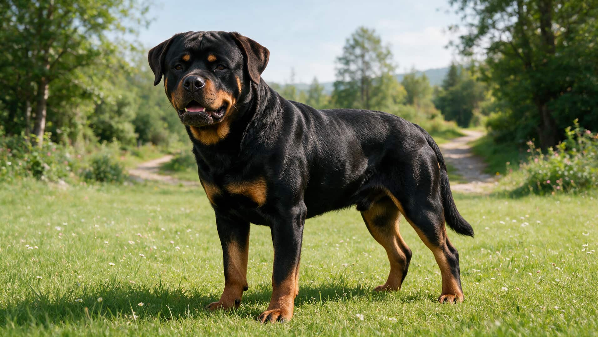 full grown Rottweiler dog with black and tan coat outdoors
