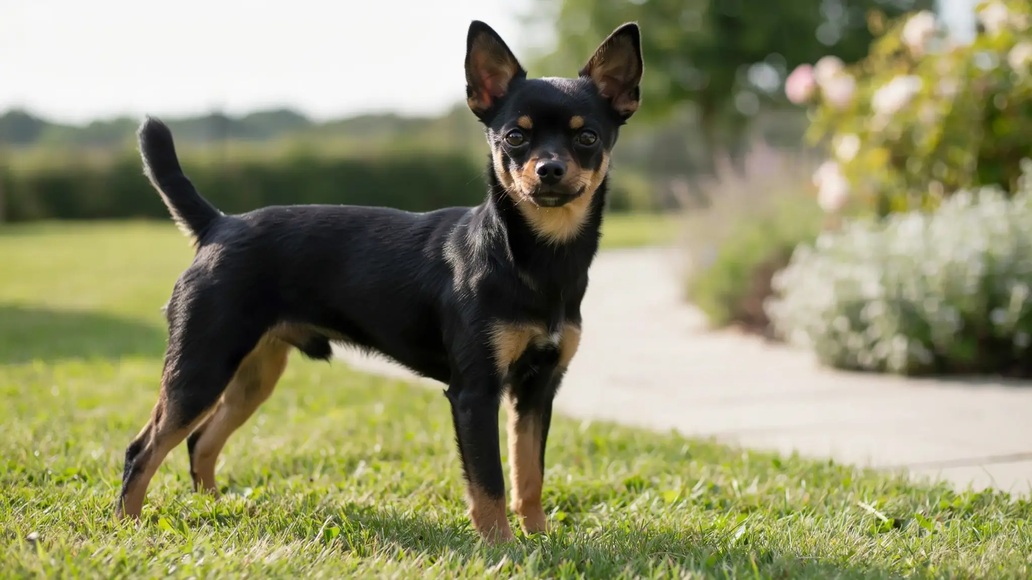 full grown russian toy dog with delicate body and large ears outdoors