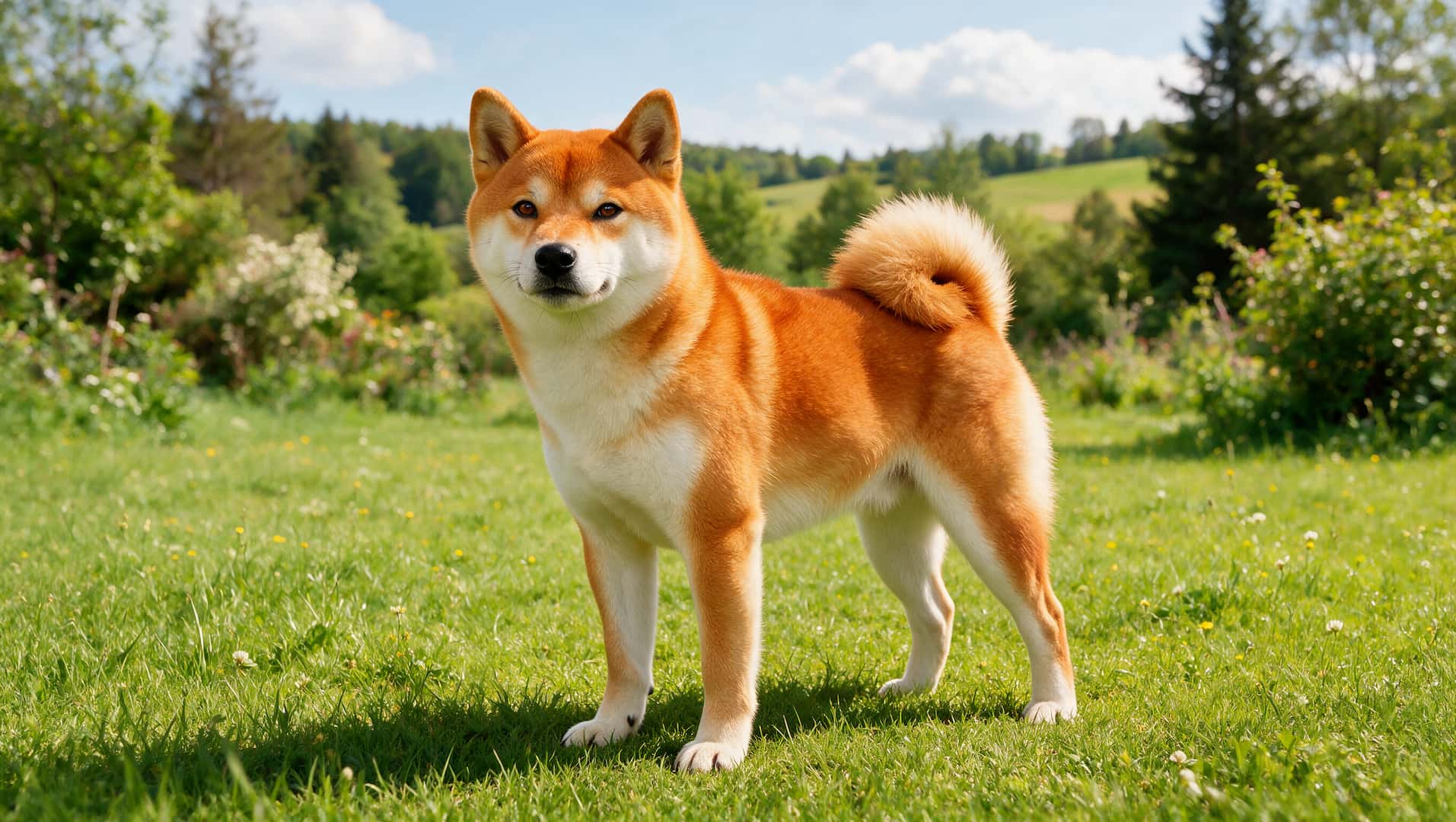 full grown Shiba Inu dog with curled tail outdoors