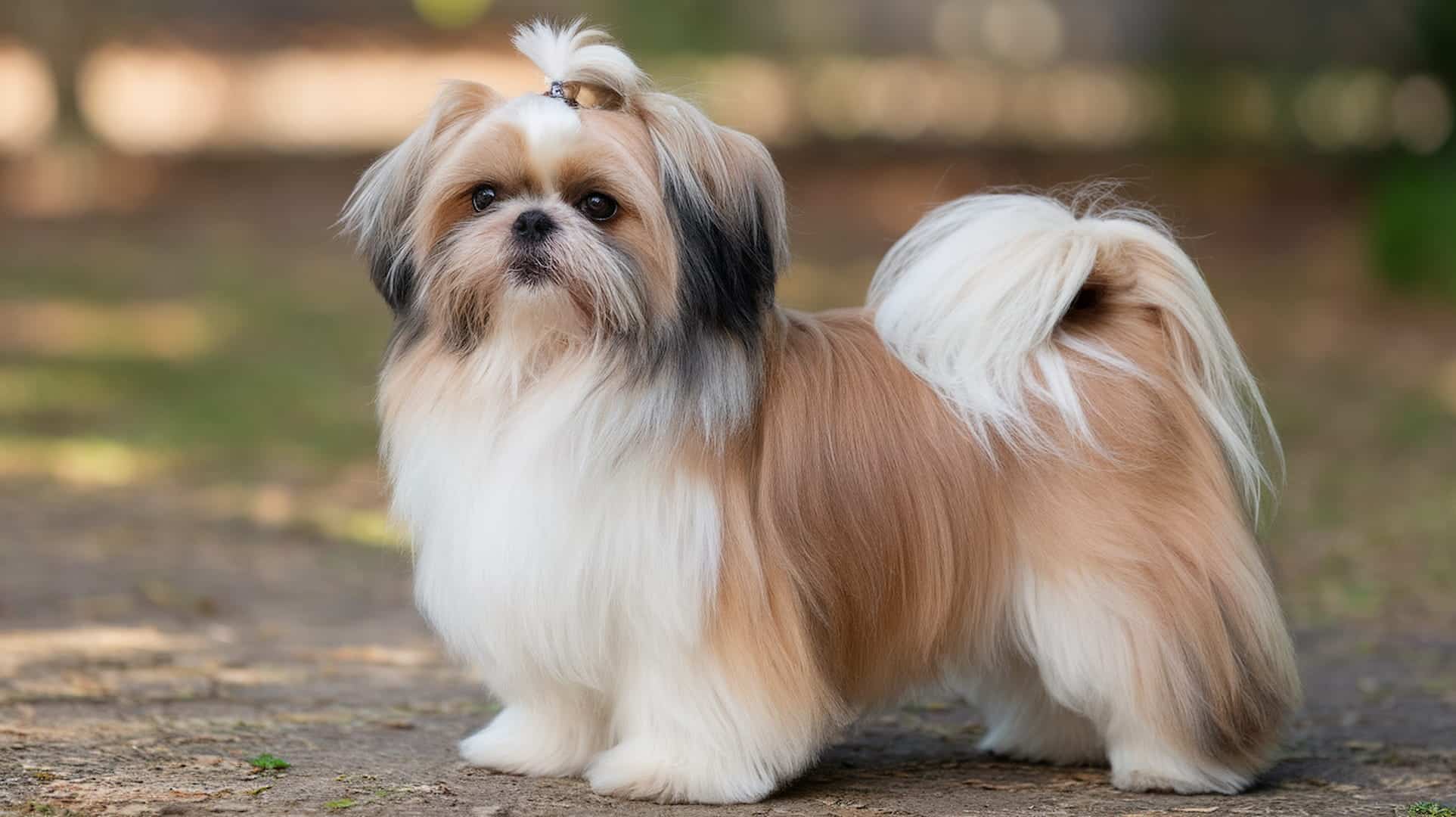 full grown shih tzu dog with long flowing coat and expressive eyes outdoors