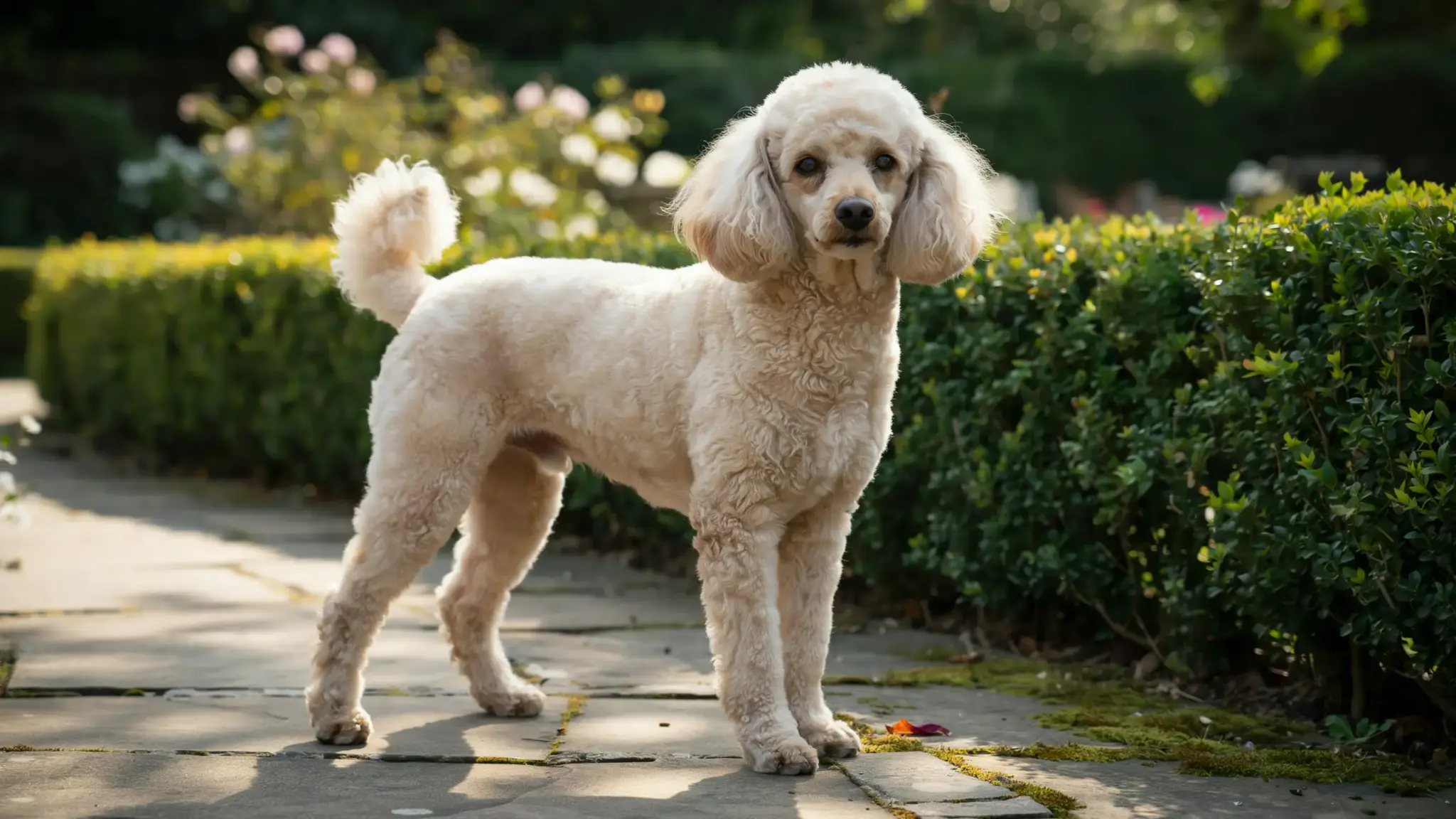 full grown toy poodle with curly coat standing outdoor
