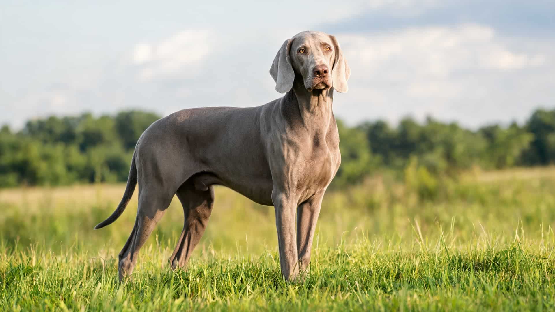 full grown Weimaraner dog with silver coat outdoors
