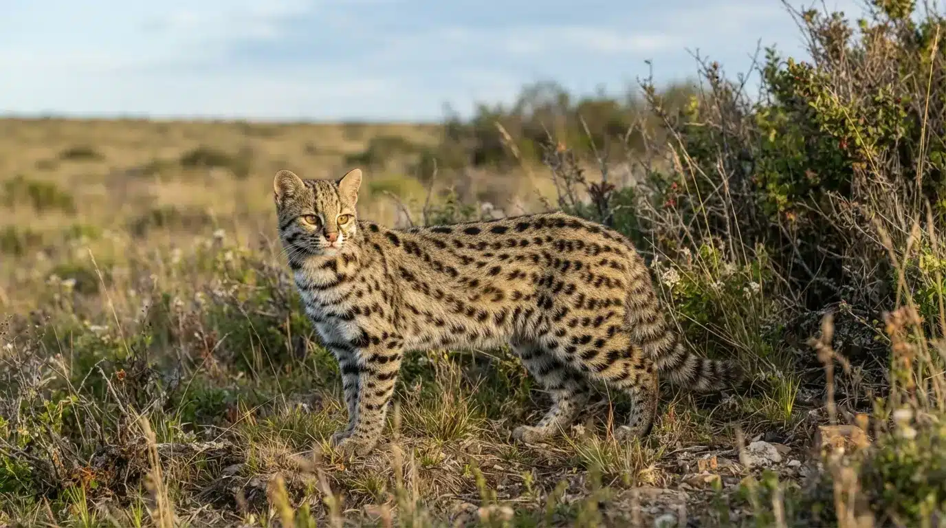 geoffroys cat standing in south american grassland with spotted fur