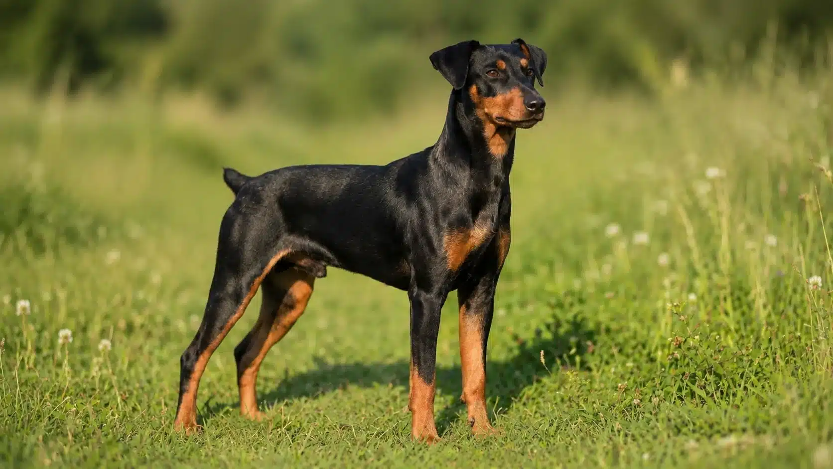 german pinscher standing in meadow showing black tan coat compact body and athletic build