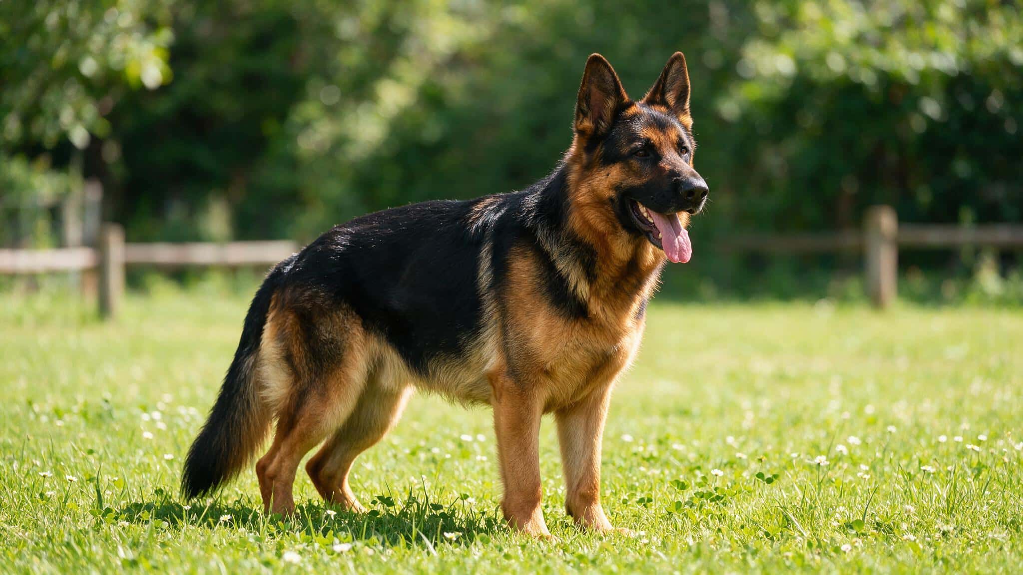 german shepherd  dog breed on grasss being with its tongue sticking out