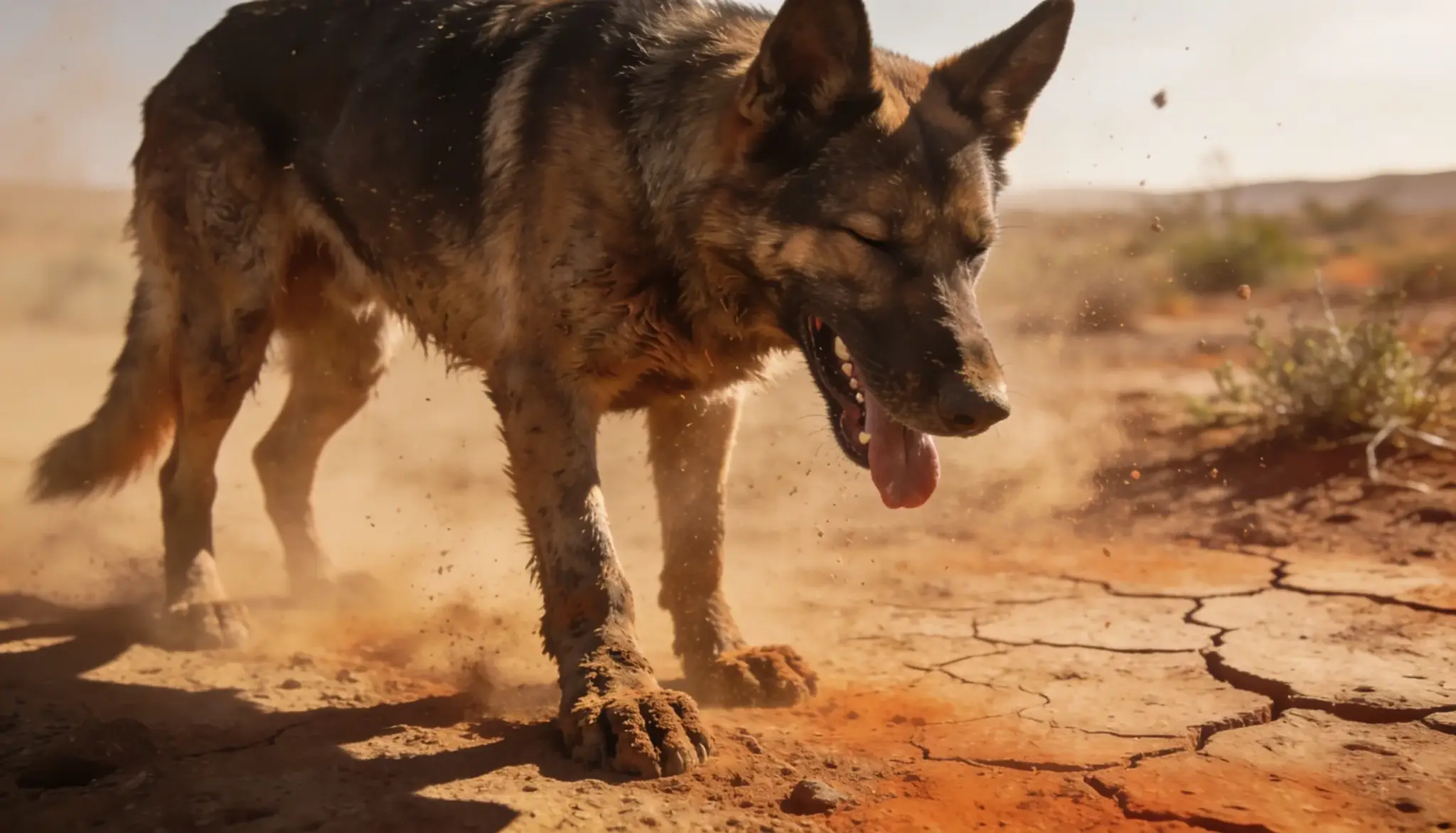 german shepherd showing signs of valley fever while walking through dusty desert soil