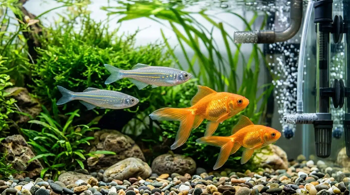 giant danios swimming beside goldfish in a large freshwater aquarium