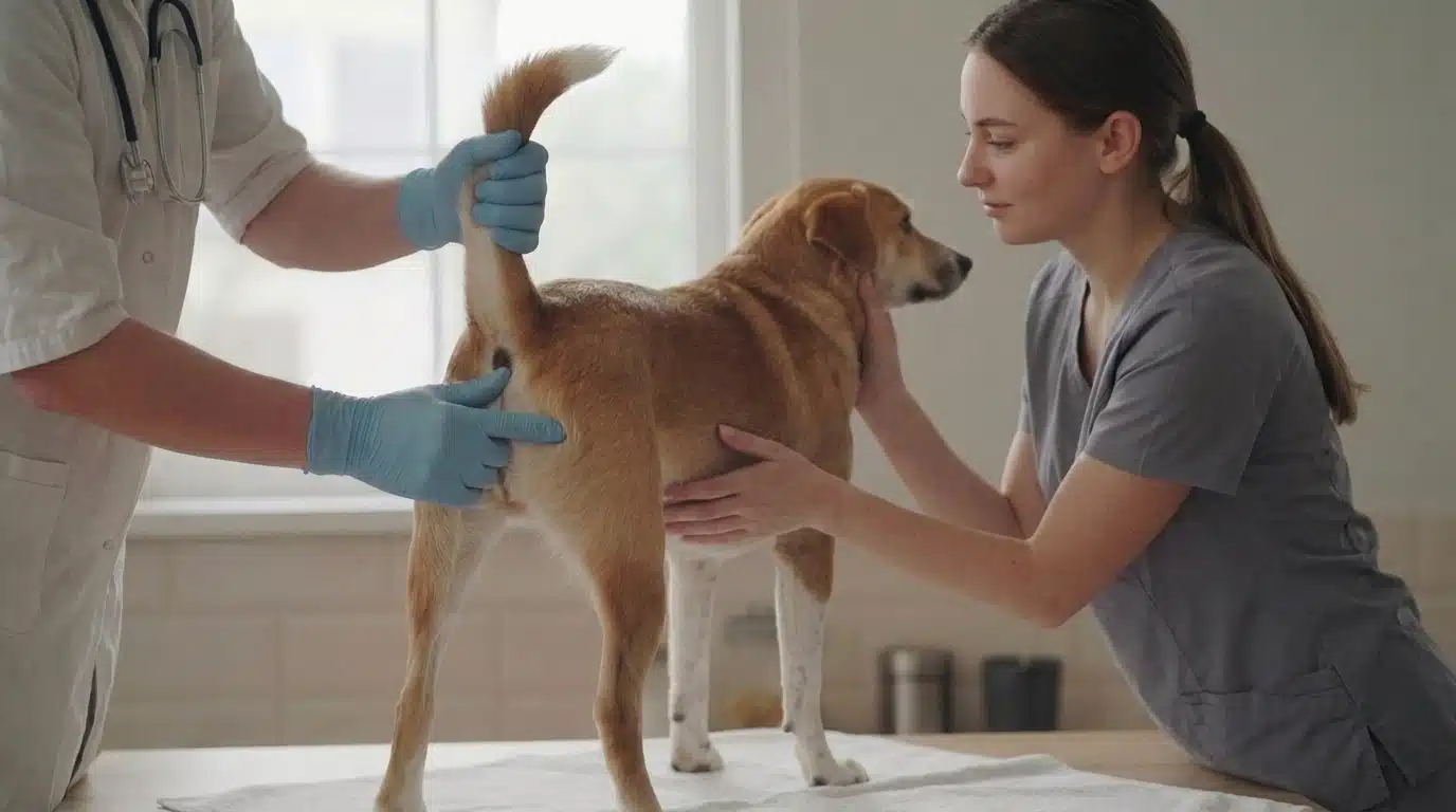 gloved fingers gently checking beside a dogs anus for anal gland fullness
