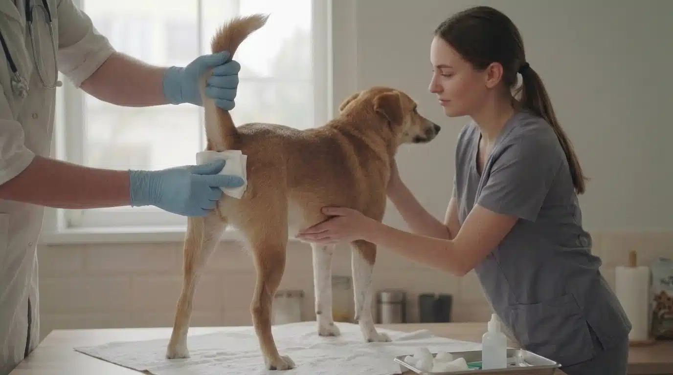 gloved hand applying gentle pressure beside a dogs anus with clean gauze