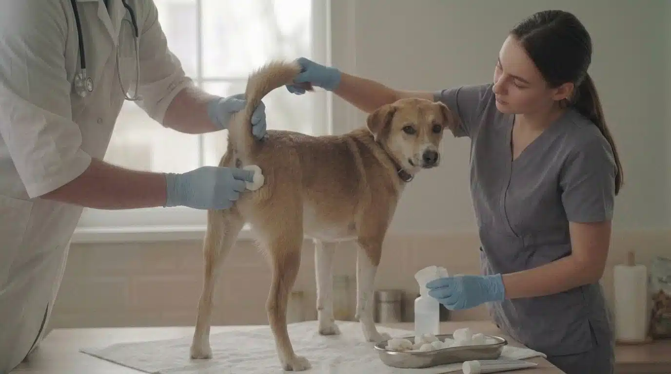 gloved hand gently cleaning around a dogs anus after anal gland care