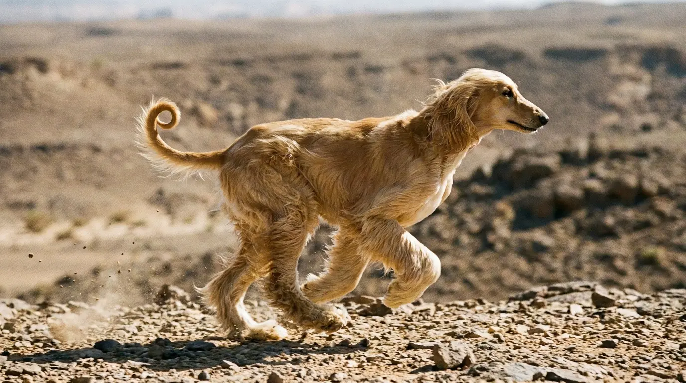 golden afghan hound running across rocky terrain with its long silky coat flowing naturally