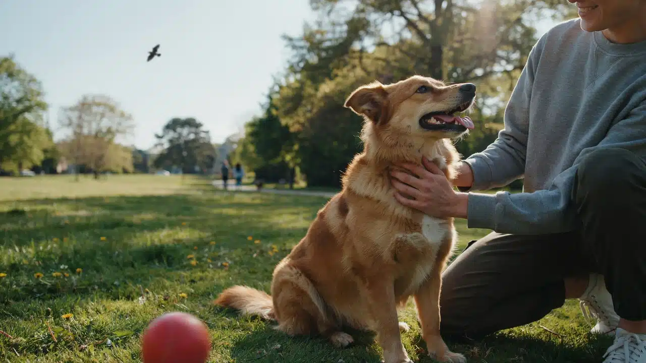 golden dog playing with its owner in a sunny park while showing a happy relaxed expression and wagging tail
