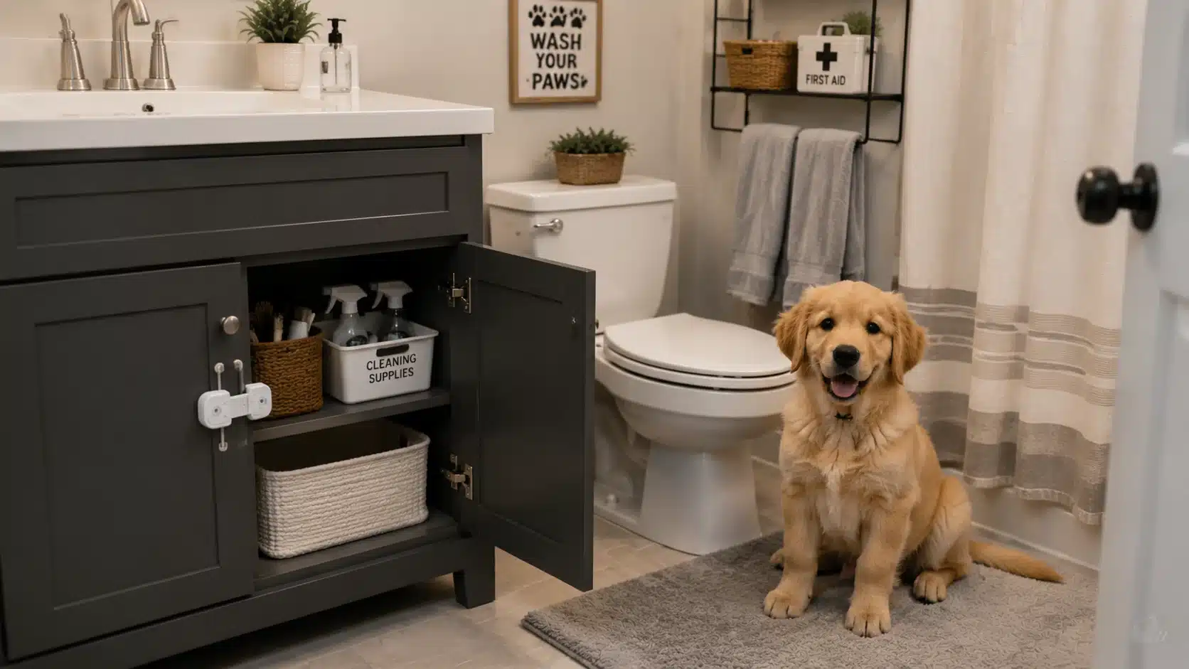 golden puppy sitting in pet safe bathroom with secured cleaning supplies