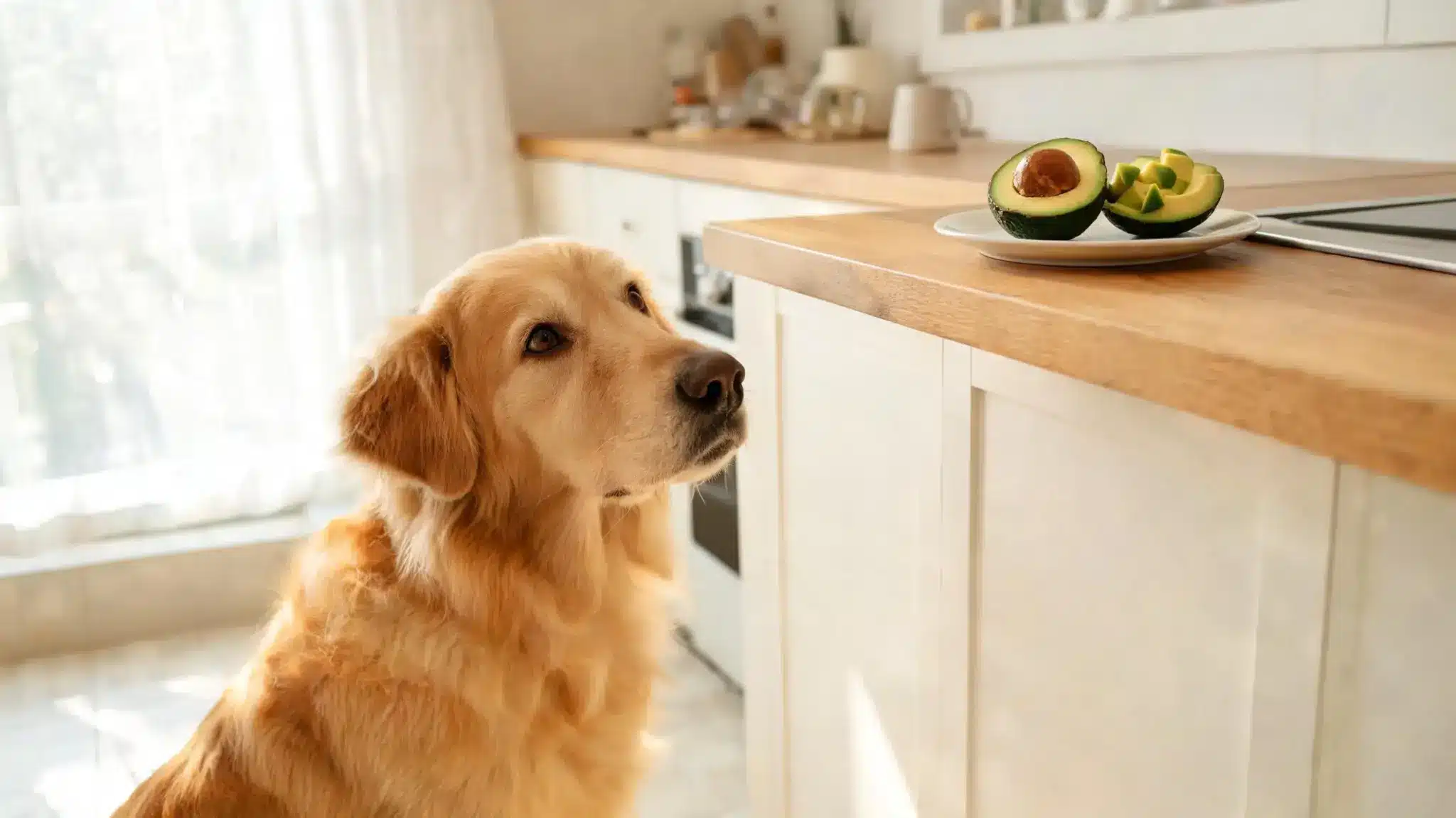golden retriever dog looking at sliced avocado on kitchen counter in home setting