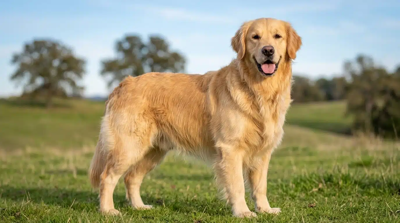 golden retriever dog standing outdoors with golden coat and friendly expression in a natural field setting