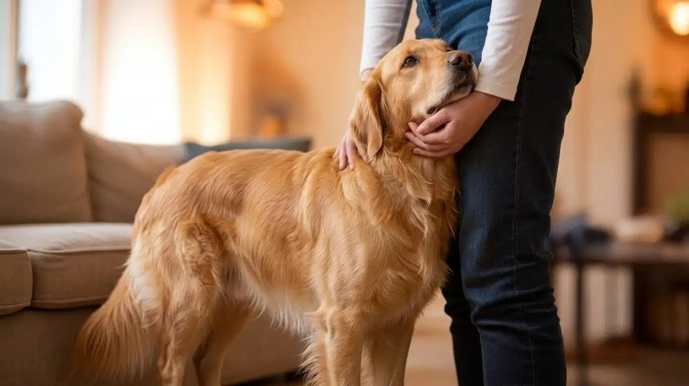Golden Retriever leaning calmly against its owner&rsquo;s legs while receiving gentle affection in a warm living room.